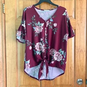 Women’s size small Reborn J burgundy floral top with buttons and tie